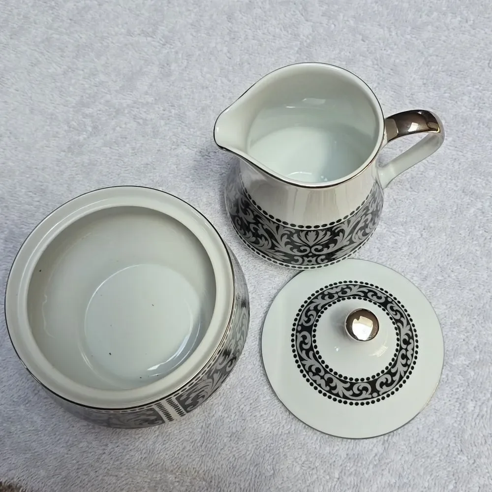 VTG Mikasa SUTTON 0Bone China Creamer Covered Sugar Bowl Black White Narumi Japa